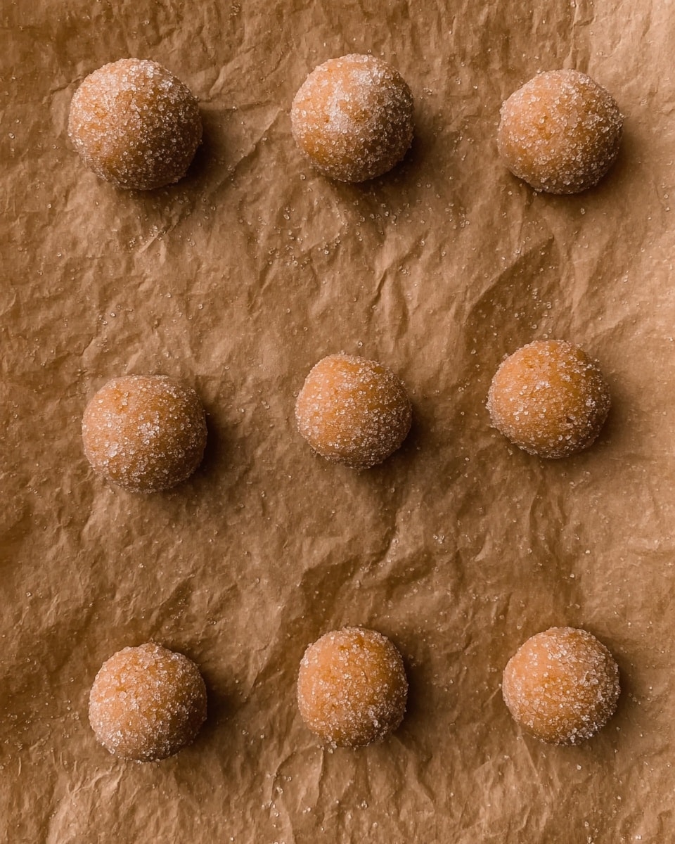 The image shows eight small round dough balls that are light brown with a grainy sugar coating, spread evenly on a sheet of brown baking paper. The paper has a crinkled texture, and the dough balls form a loose grid pattern, with some spacing between each ball. There is no plate visible, and the background is the brown paper only. photo taken with an iphone --ar 4:5 --v 7