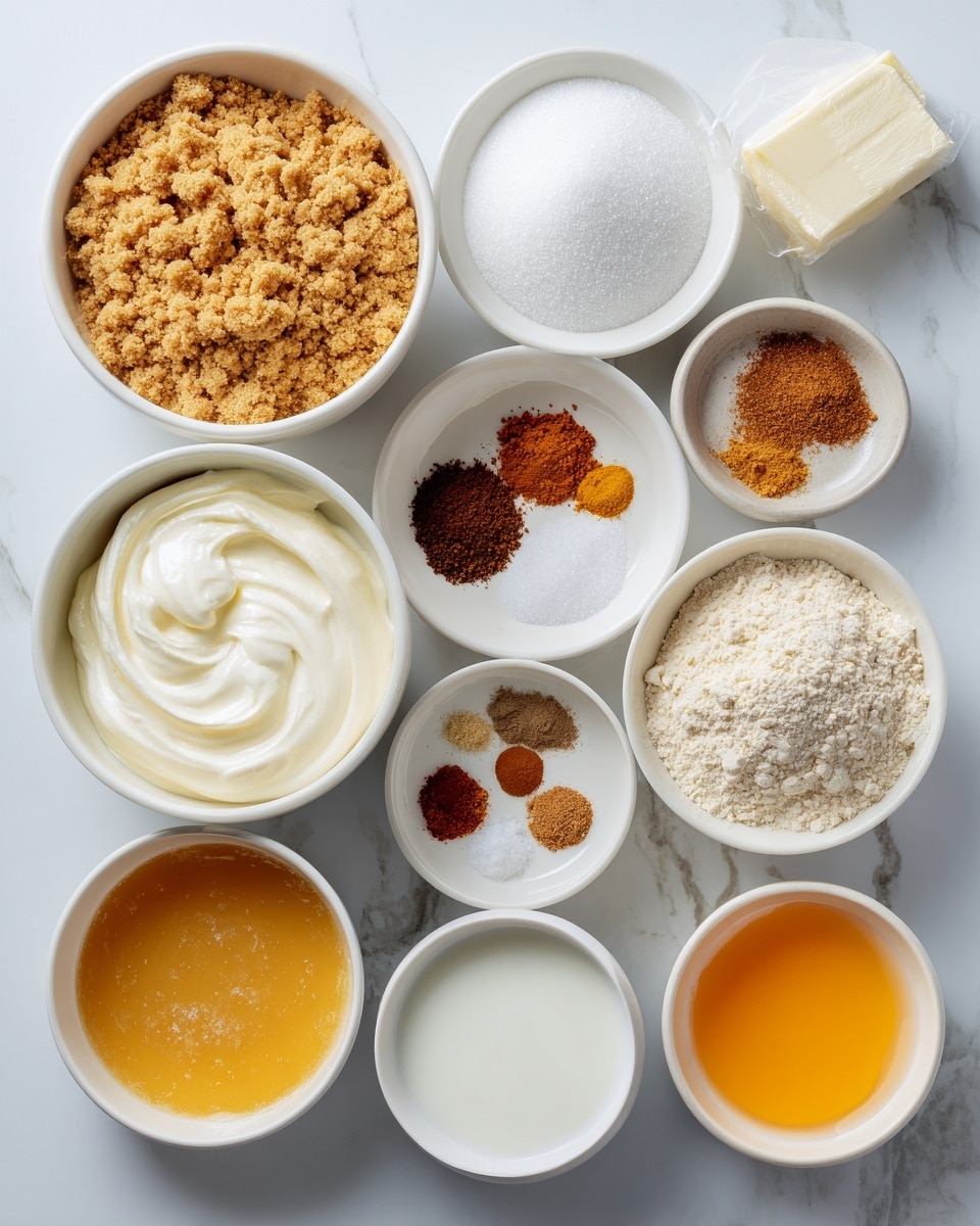 The image shows twelve white bowls and one white packet placed on a white marbled surface. The largest bowl at the top left holds light brown graham cracker crumbs with a fine, crumbly texture. To the right of it is a white packet of unflavored gelatin. Next to the packet on the right is a white bowl filled with white sugar, smooth and granular. Below the graham cracker crumbs is a bowl with golden melted butter, shiny and smooth. Centered below the butter is a bowl of heavy whipping cream, thick and creamy white. To the right, a bowl contains four spices arranged in small piles: reddish-brown cinnamon, dark brown nutmeg, pale beige ginger, and white salt. Below the sugar is a bowl with light yellow egg whites, smooth and translucent. To the left of the egg whites is a small bowl with white cream of tartar powder. Below the whipping cream is a bowl filled with whole milk, smooth and white. Below the milk is a bowl with bright orange canned pumpkin, thick and textured. The smallest bowl near the bottom left holds cold water, clear and colorless. Finally, at the bottom right is a bowl filled with bright yellow egg yolks, smooth and glossy. Photo taken with an iphone --ar 4:5 --v 7