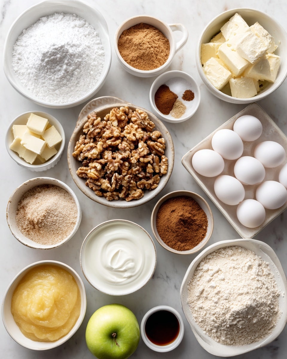 A layout of white bowls on a white marbled surface holds various baking ingredients, each labeled with black text. The top left corner has a small bowl of white baking soda beside a similar bowl of white baking powder and salt. Near the center are chopped walnuts in a bowl with light brown pieces. To the right, a white container holds six white eggs. Below the walnuts, a bowl filled with creamy white sour cream sits next to a bowl with small piles of ground cloves and nutmeg in dark brown and light brown shades. To the right is a bowl of white milk. The bottom left has a bowl with brown sugar, and next to it is a bowl with ground cinnamon, a dark reddish-brown spice. Above those, a large bowl contains white all-purpose flour with a flat surface. Centered is a bowl of light yellow applesauce with smooth texture. To the right, a bowl holds golden vanilla extract. Finally, the bottom right shows a bowl with two sticks of pale yellow unsalted butter. Photo taken with an iphone --ar 4:5 --v 7