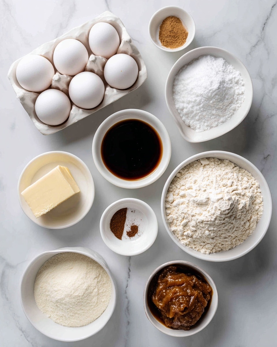 The image shows white bowls and a white egg tray placed on a white marbled surface. There are six white eggs in the tray at the top left. Around the eggs are small white bowls filled with different ingredients: powdered sugar (white fine powder), sour cream (white creamy texture), milk (white liquid), vanilla extract (dark brown liquid), apple butter (thick dark brown spread), brown sugar (light brown granules with a cracked surface), unsalted butter (a pale yellow square block), all-purpose flour (white powder with a soft texture), baking powder (white powder), salt (fine white grains), baking soda (white powder), cinnamon (light brown powder), and another bowl contains two spices - one dark brown and the other light brown labeled as ground cloves and nutmeg. The bowls and eggs are arranged neatly and evenly spaced, all on a white marbled surface, photo taken with an iphone --ar 4:5 --v 7