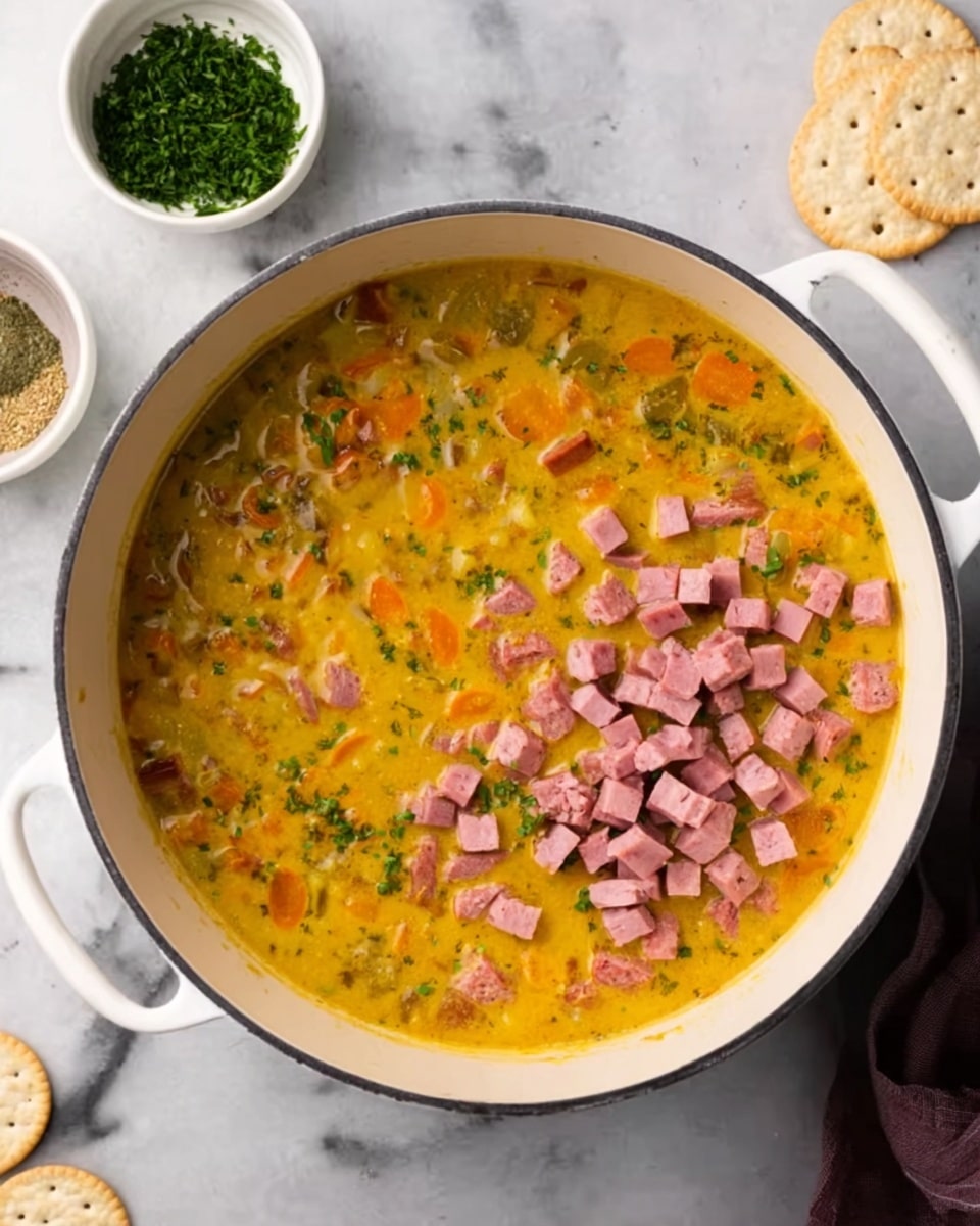 A white pot filled with a thick yellow soup mixed with small pieces of orange, green, and brown vegetables. On top of the soup, there is a pile of small, pink, cubed meat pieces gathered mostly on the right side. Around the pot on the white marbled surface, there is a white bowl with chopped green herbs on the left side, a small stack of round crackers near the top center, and a white bowl with a bit of light pink inside it on the right. Photo taken with an iphone --ar 4:5 --v 7
