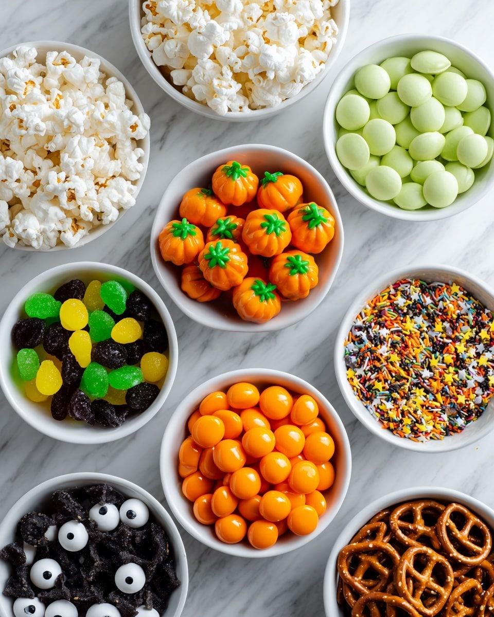 The image shows eight white bowls arranged on a white marbled surface, each filled with different Halloween-themed snacks. The top left bowl is filled with white popcorn that has a slightly rough texture. Next to it on the right is a bowl full of smooth, round, light green candy melts. Below the popcorn in the center is a bowl of small pumpkin-shaped orange candy with green tops. To the right of that is a bowl filled with round, shiny orange candy melts. On the lower left side is a bowl of Halloween gummies in green, yellow, and black colors with a soft, chewy look. In the middle below the pumpkin candy is a bowl of Halloween sprinkles with various colors and star shapes. Below the gummies is a bowl filled with small, round candy eyeballs that are white with black centers. Finally, at the bottom right corner, a bowl holds shiny, twisted mini pretzels. Photo taken with an iphone --ar 4:5 --v 7