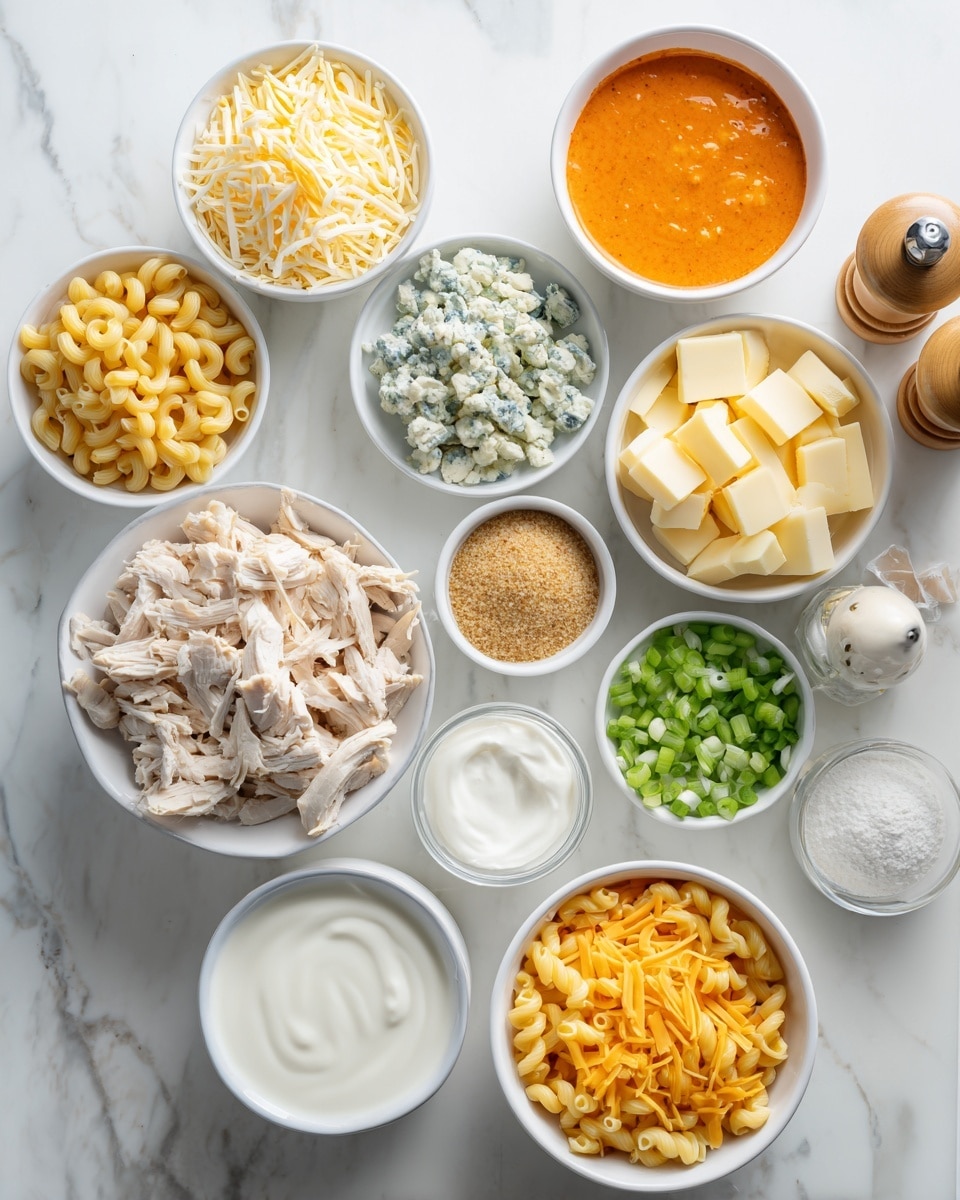 The image shows a top-down view of multiple white bowls arranged on a white marbled surface, each filled with different ingredients. Starting from the top left, there is a bowl of pale yellow shredded mozzarella cheese, next to a bowl of bright orange buffalo wing sauce, and a bowl with crumbly blue cheese that has green veins. Below these, there is a bowl filled with shredded cooked chicken in light beige tones, next to a small white bowl containing light brown garlic and onion powders mixed. To the right, another bowl holds pale yellow chunks of unsalted butter, and below it is a bowl of smooth white sour cream. In the center right, a bowl of sharp cheddar cheese is bright orange and shredded. Near the center bottom, there are chopped green onions, and on the left side, yellow elbow macaroni fills a bowl. At the bottom, there is a bowl of white milk and next to it a bowl with white all-purpose flour. To the far right, there are wooden salt and pepper shakers adding texture and color contrast. Photo taken with an iphone --ar 4:5 --v 7