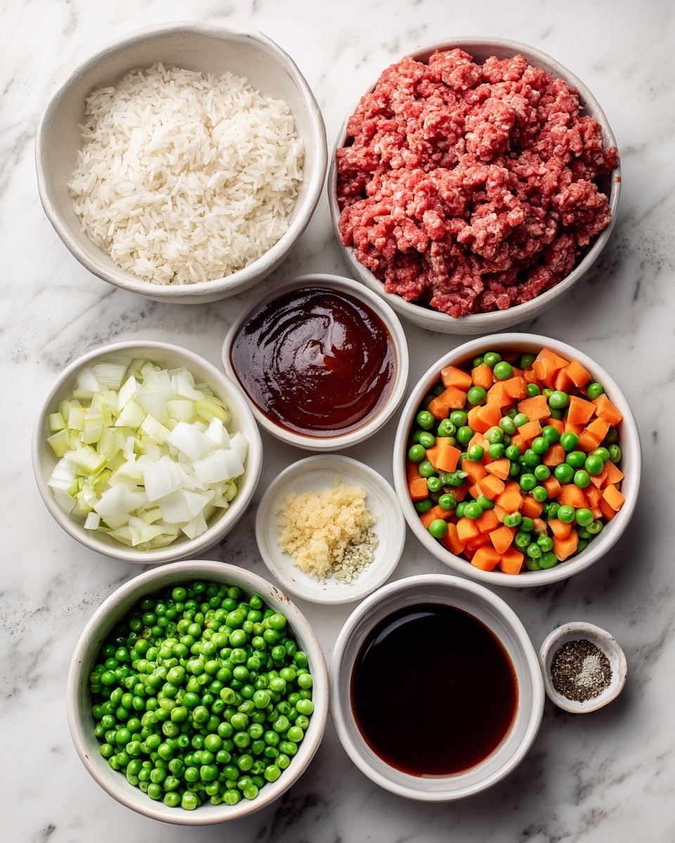 The image shows several white bowls and a white tray arranged on a white marbled surface, each containing different ingredients. At the top right, a white tray holds a layer of red lean ground beef with a textured surface. To the left, a bowl is filled with cooked white rice, showing a light grainy texture. Below the rice, a small bowl contains dark reddish-brown BBQ sauce with a smooth surface. Next to it is a small bowl with minced garlic, pale yellow and finely chopped. Below the garlic bowl, another bowl holds chopped sweet onion pieces, white and slightly translucent with angular shapes. To the right of the onion, a bowl of frozen peas and carrots shows green peas and orange carrot chunks with a frosty texture. Below the peas and carrots, a small round dish contains salt and black pepper, with small granules and ground pepper forming two separate piles. To the left of this, a bowl contains dark brown beef broth with a reflective surface. Below the broth, chopped green onions with bright green rings fill a bowl. Lastly, at the bottom right, a bowl contains Worcestershire sauce, dark brown and glossy. All bowls are neatly arranged with clear labels on top. photo taken with an iphone --ar 4:5 --v 7