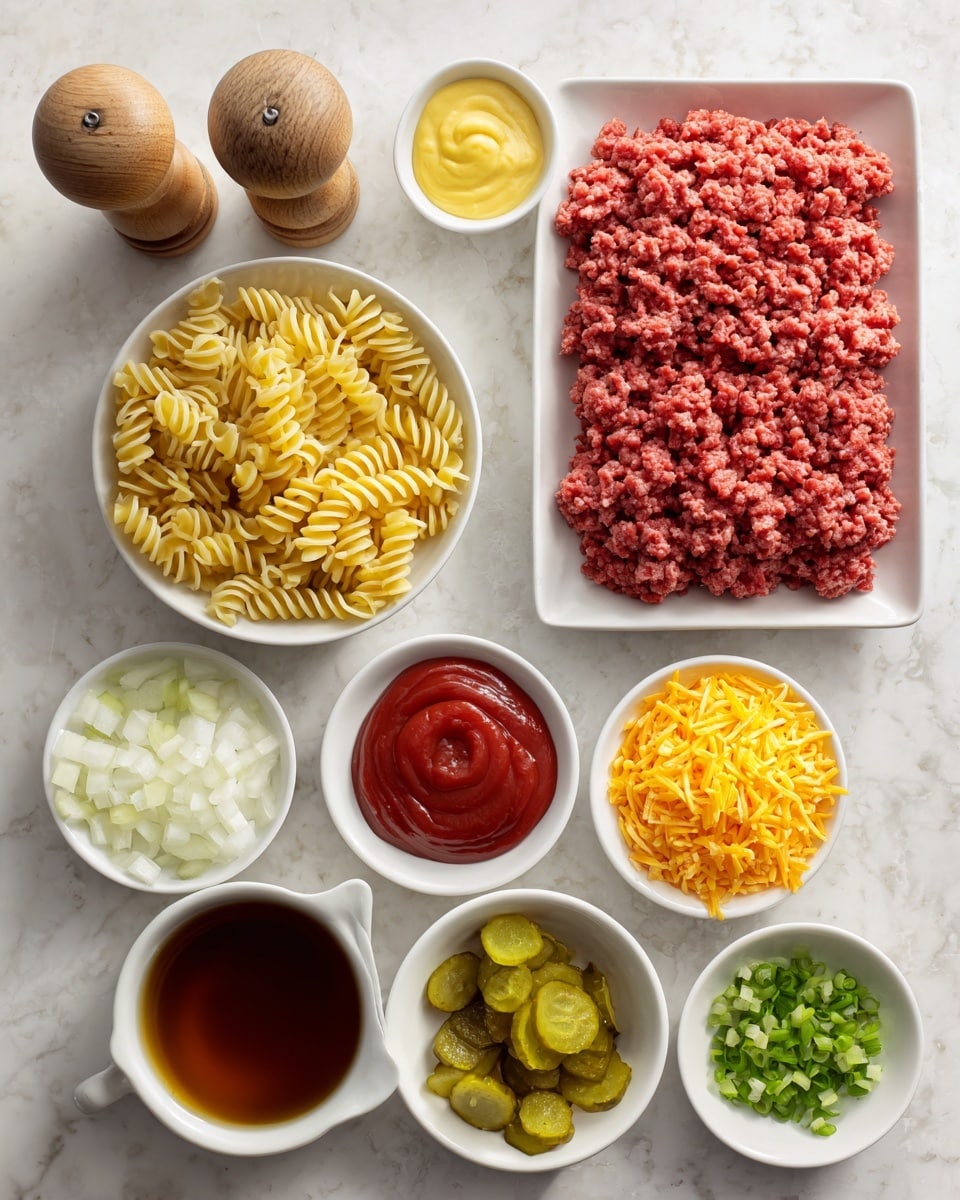 The image shows ingredients arranged neatly on a white marbled surface. At the top right is a white tray holding bright red lean ground beef with a coarse texture. To the left, two small wooden salt and pepper shakers stand upright. Below the beef, there are 11 small white round bowls with different ingredients: rotini pasta in golden yellow with a spiral shape, ketchup with a thick red sauce, minced garlic in a pale yellow paste, smooth yellow mustard, white milk with a liquid texture, diced dill pickles in greenish-yellow chunks, chopped sweet onion in small white pieces, chopped green onions in thin green rings, shredded cheddar cheese in orange strands, and beef broth with a dark brown liquid. All items are organized in a clean, simple style. photo taken with an iphone --ar 4:5 --v 7