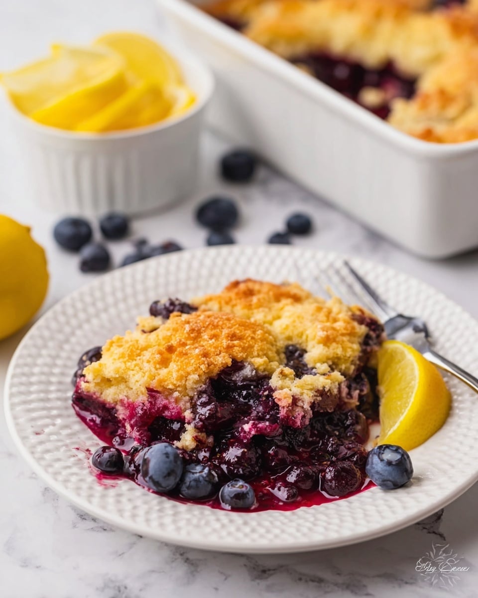 The image shows a serving of blueberry cobbler on a white plate with a textured pattern. The dessert has two main layers: the top golden-brown crust with a rough, crumbly texture, and underneath a deep purple blueberry filling that looks juicy and glossy, mixing into the crust at the edges. Next to the cobbler is a bright yellow lemon wedge resting on the plate. Scattered around the plate are a few fresh blueberries. In the background, there is a white baking dish with more cobbler and a small white bowl filled with lemon slices, all placed on a white marbled surface. photo taken with an iphone --ar 4:5 --v 7