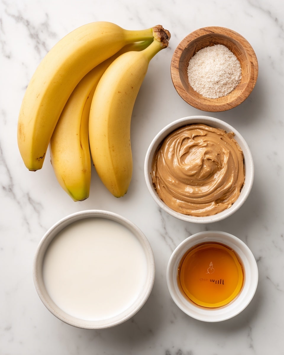 The image shows five ingredients arranged on a white marbled background: two yellow bananas on the top left, a small wooden container labeled salt near the center, a white bowl with light brown smooth peanut butter to the right of the salt, a white bowl with golden honey below the peanut butter, and a larger white bowl filled with white whole milk at the bottom left. There is also a small white bowl with light brown vanilla extract near the top right. The ingredients are spaced evenly and clearly visible. photo taken with an iphone --ar 4:5 --v 7