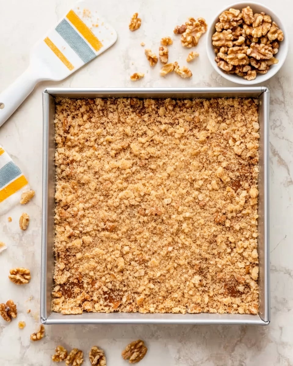 The image shows a square metal baking pan filled with a crumbly topping made of crushed nuts and oats, covering the entire surface evenly in a light brown color with a rough texture. To the top right of the pan, there is a small white bowl filled with whole walnut pieces, some scattered around the bowl and pan. On the left side, a white silicone spatula with yellow and blue stripes is resting on the white marbled surface. The overall colors are warm browns from the crumble and nuts, contrasted with the bright white pan and background. photo taken with an iphone --ar 4:5 --v 7