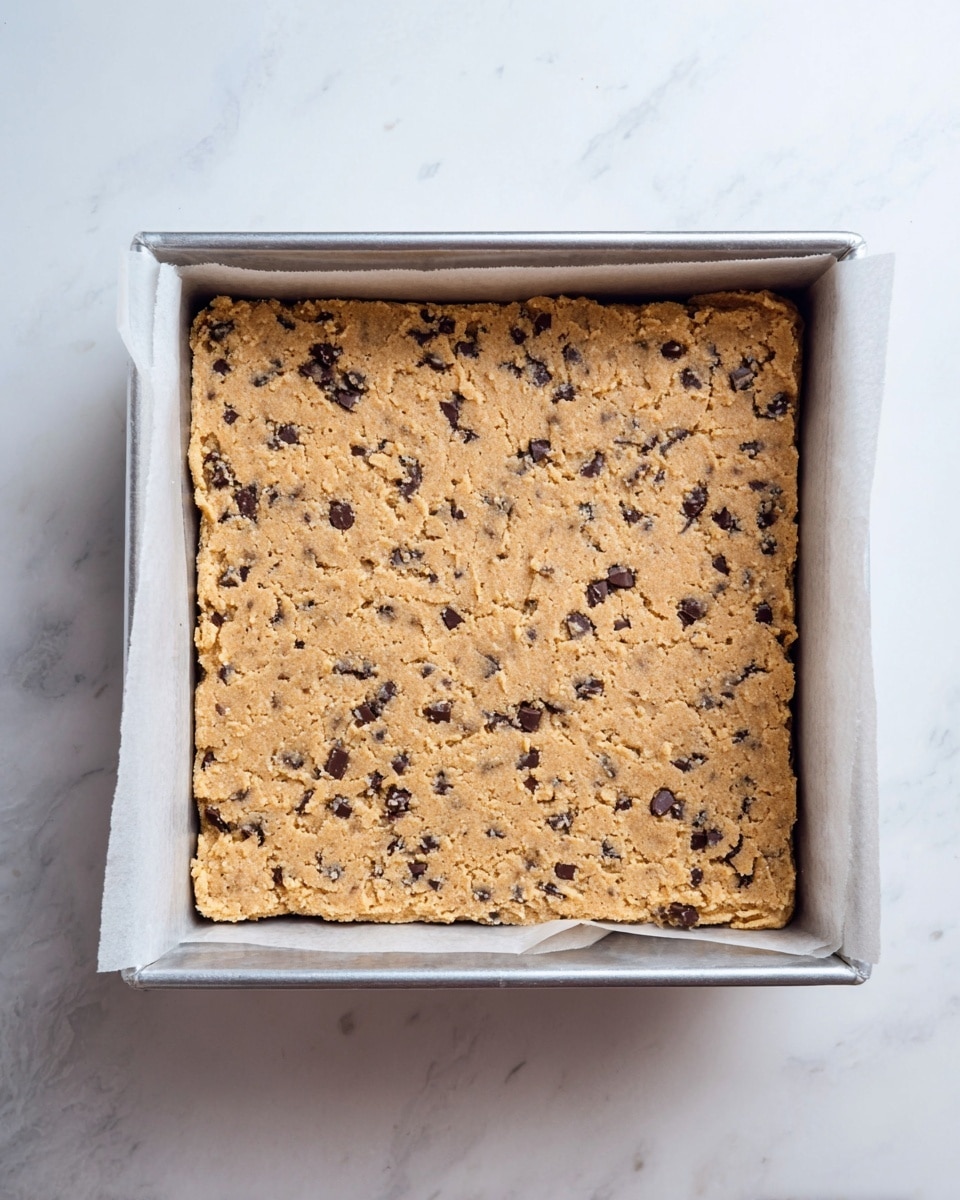 A square metal baking pan lined with parchment paper holds a single thick layer of golden-brown cookie dough mixed with small dark chocolate chips scattered evenly throughout. The dough has a slightly rough texture and fills the pan completely, reaching the edges. It sits on a white marbled surface that provides a clean and simple background. photo taken with an iphone --ar 4:5 --v 7