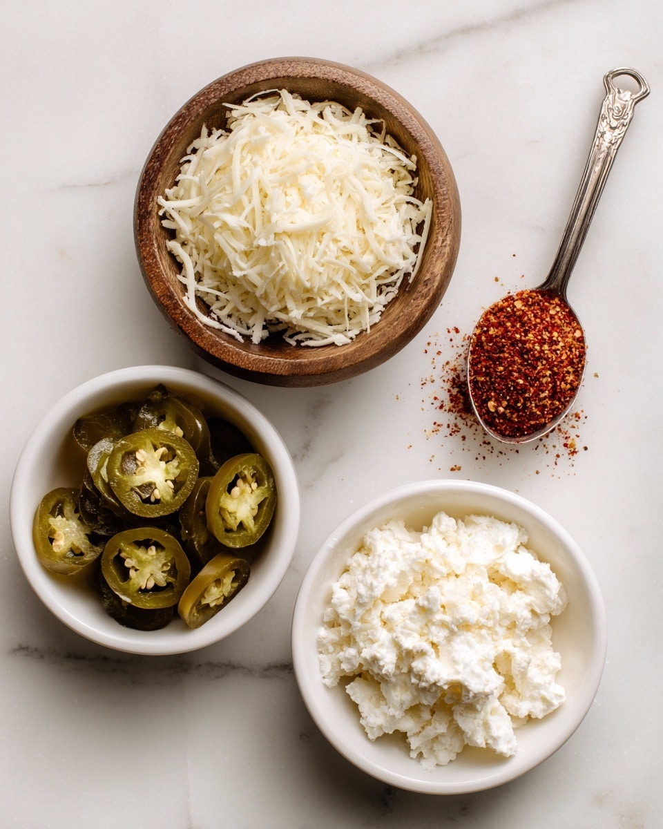The image shows three separate items on a white marbled surface. At the top center is a small wooden bowl filled with shredded white cheese. Below it, slightly to the right, is a silver measuring spoon with a red handle holding a heap of reddish-brown spice. To the bottom left is a white bowl with slices of pickled green jalapeños inside. A white container of cottage cheese with a navy blue lid is partially visible on the left side. Photo taken with an iphone --ar 4:5 --v 7