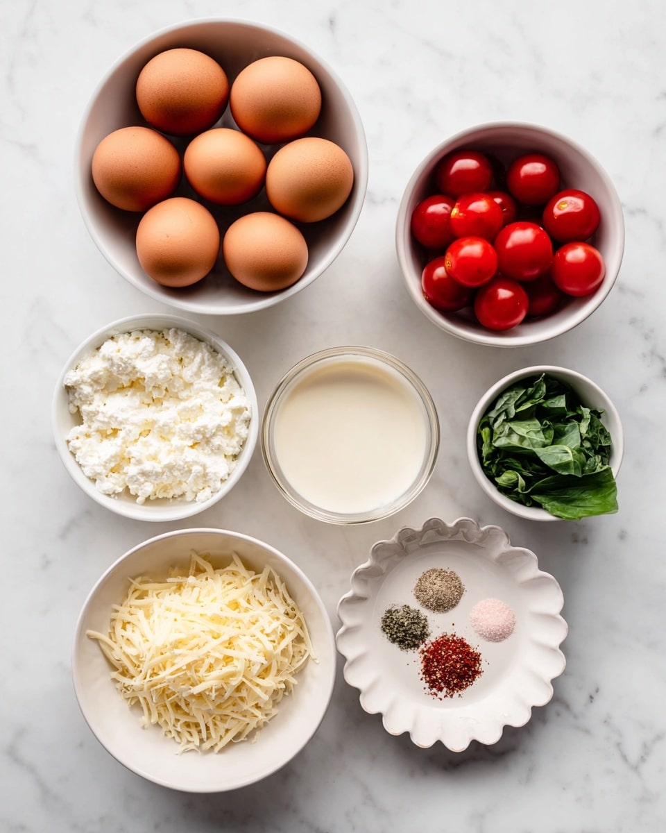 A group of seven white bowls and a white plate with scalloped edges are arranged on a white marbled surface. The largest white bowl is filled with a dozen brown eggs. To the right, a medium white bowl contains bright red cherry tomatoes, above it a medium white bowl holds a creamy liquid, and next to it a medium white bowl is filled with cottage cheese. Below the cherry tomatoes, a small white bowl is filled with shredded cheese, and next to it a small white bowl contains fresh green basil leaves. On the right, the white plate with scalloped edges is divided into three parts holding light brown powder, coarse black pepper, and pink salt. The photo taken with an iphone --ar 4:5 --v 7