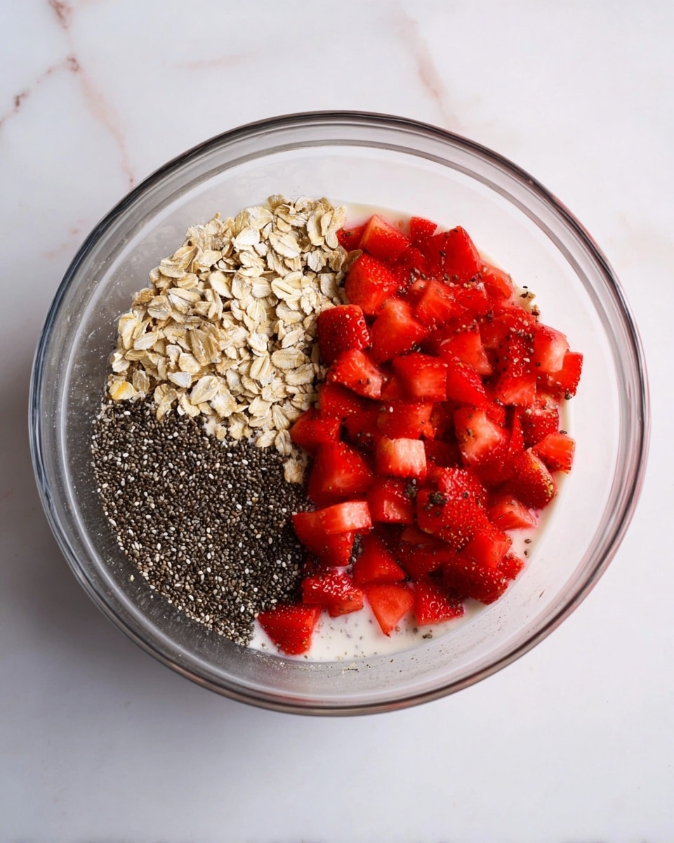 A clear glass bowl sits on a white marbled surface filled with three visible layers of ingredients arranged side by side. On one side, light beige rolled oats with a rough texture. Next to it, a dense layer of black chia seeds with a tiny, smooth texture. The third section has bright red, freshly chopped strawberries cut into small cubes with a juicy, shiny surface. All three layers rest on a thin base of white milk or yogurt, partially visible under the ingredients. Photo taken with an iphone --ar 4:5 --v 7
