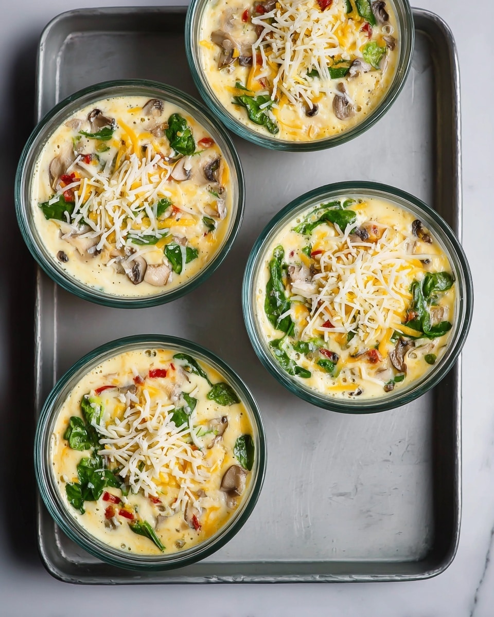 Four round clear glass bowls sit on a light gray tray with slight texture. Each bowl has a layer of light yellow egg mixture filled with small pieces of mushrooms and green spinach leaves, topped with scattered white shredded cheese. The mixture looks creamy and slightly thick, with bits of red from small vegetables visible inside. The bowls are arranged with three on the left and one on the right side. The scene is set against a white marbled surface. photo taken with an iphone --ar 4:5 --v 7