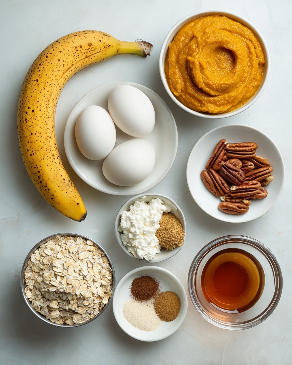 The image shows various baking ingredients placed on a white marbled surface. At the top left is a curved yellow banana with brown spots, next to a large red can labeled