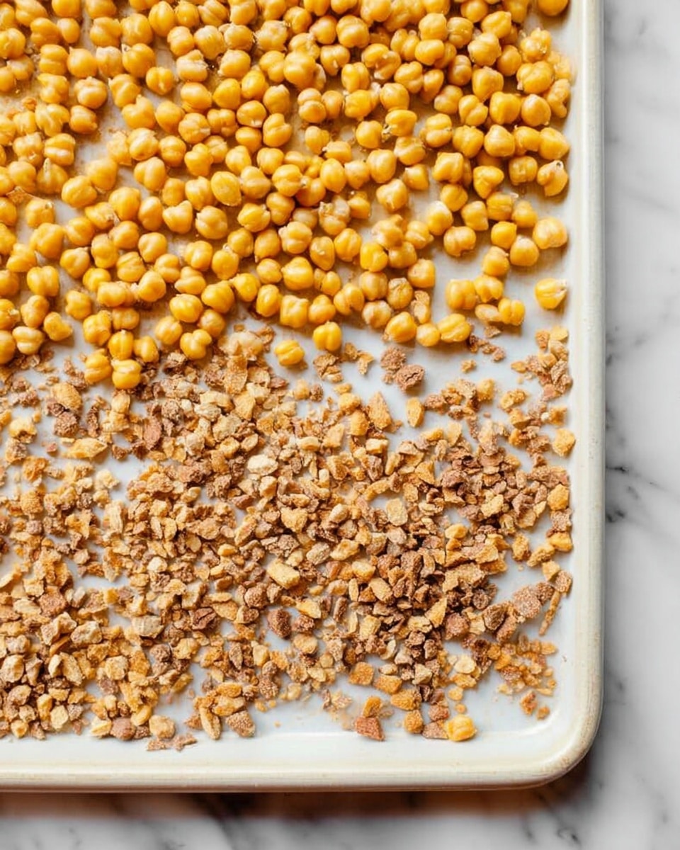 The image shows a white tray on a white marbled surface. On the top half of the tray, there are whole yellow chickpeas spread out evenly. The bottom half of the tray is covered with smaller, broken pieces of lighter brown chickpeas scattered loosely. The colors contrast between the whole yellow chickpeas above and the broken lighter brown pieces below, highlighting the textural difference. photo taken with an iphone --ar 4:5 --v 7