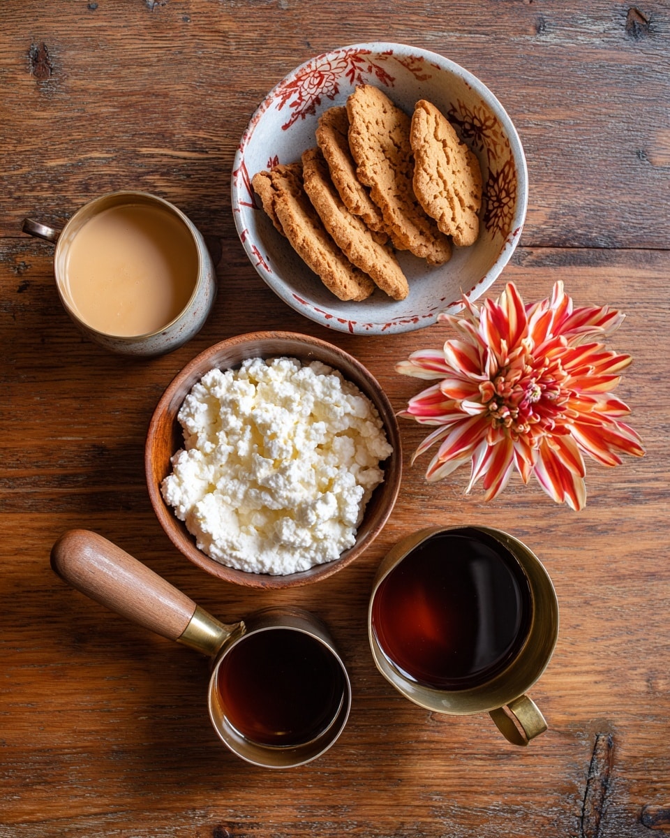 A wooden table with a light brown color and a natural grain pattern holds five items spaced apart. At the center is a round container of cottage cheese with a white and blue label, and a red and white flower design. To the top right is a red and white rectangle pack of Biscoff cookies laying flat. At the top left is a small metal cup filled with creamy tan nut butter. At the bottom left is a small wooden-handled metal cup with a dark brown vanilla liquid inside. At the bottom right is a larger metal cup with a brass tone handle filled with dark amber maple syrup. photo taken with an iphone --ar 4:5 --v 7