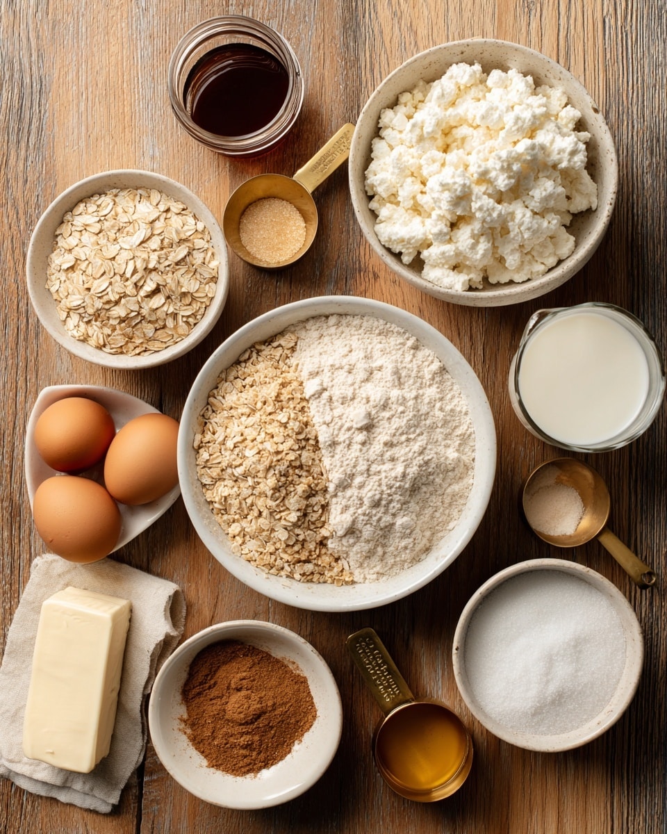 The image shows a wooden board holding several ingredients arranged neatly, each in a small container or placed directly on the board. At the top center is a small glass jar with dark vanilla liquid. To the top left is a gold measuring scoop filled with brown sugar, and to the top right, a white bowl filled with white cottage cheese. Below the vanilla jar are two brown eggs side by side. In the center is a white bowl containing three different layers: pale all-purpose flour, light rolled oats, and slightly darker almond flour. To the bottom left is a gold measuring spoon with white milk and a rectangular block of unsalted butter wrapped in white paper, placed horizontally. At the bottom right sits a gold measuring scoop filled with golden avocado oil. Next to it is a small white bowl holding three sections of spices and powder: ground cinnamon, salt, and baking powder. The background is a white marbled surface. photo taken with an iphone --ar 4:5 --v 7