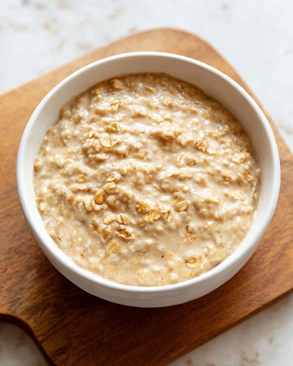 A white bowl filled with a thick, creamy oatmeal mixture that has a light beige color with visible oats throughout. The oatmeal has a slightly rough texture with some oats sticking out on the top surface. The bowl is placed on a wooden board, and the background is a white marbled texture. The oatmeal looks smooth but chunky in parts with a moist appearance. Photo taken with an iphone --ar 4:5 --v 7