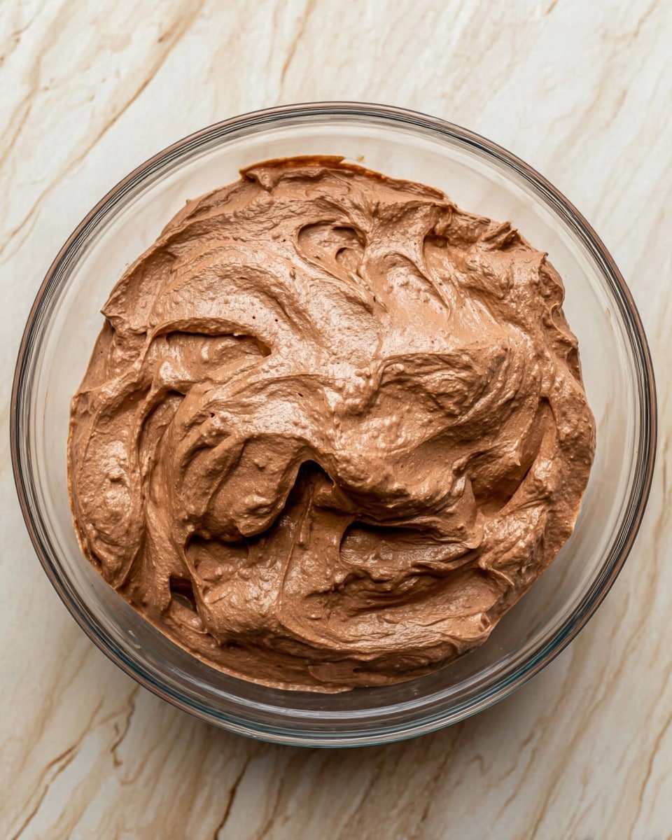 The image shows a clear glass bowl filled with a thick, smooth chocolate mixture that has a slightly textured surface with soft peaks and swirls. The mixture is light brown with a creamy, rich texture, sitting thickly in the center of the bowl which is placed on a white marbled surface. Photo taken with an iphone --ar 4:5 --v 7