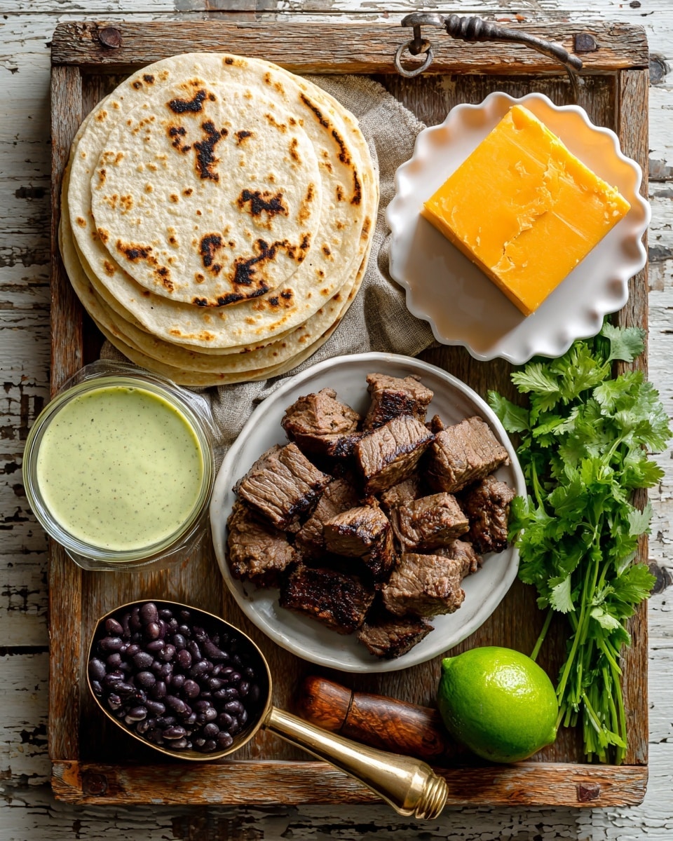 The image shows a top view of various ingredients placed separately on a rustic wooden surface framed by light wooden edges. At the center, there is a white bowl filled with grilled brown flank steak pieces with some char marks. Above the steak, a stack of light beige tortillas with brown spots rests on the wooden surface. To the right of the tortillas, an orange block of cheddar cheese sits on a white scalloped plate. To the left of the steak, a clear glass bowl holds a creamy pale green dipping sauce. Below that, a brass scoop with a wooden handle contains black beans, dark and shiny. Near the bottom center of the frame, a whole lime with a bright green color is placed on the wood. To the right of the lime, there is a small bunch of fresh green cilantro leaves arranged on the wooden surface. The whole setup is on a white marbled texture background. Photo taken with an iphone --ar 4:5 --v 7