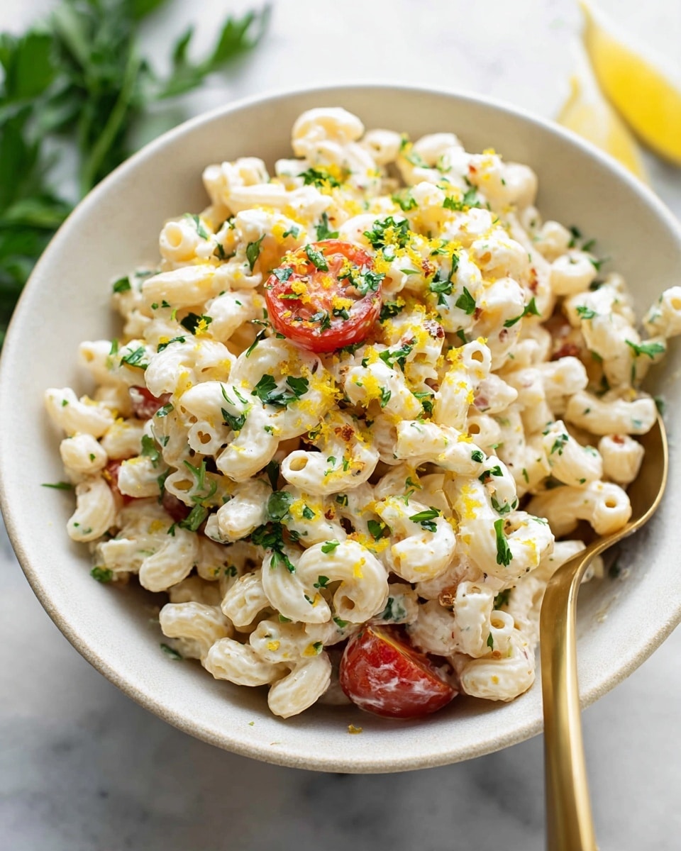 The image shows a bowl of pasta salad served in a white bowl placed on a white marbled surface. The salad contains three layers: the base layer is small, pale yellow elbow macaroni pasta covered in a creamy white dressing, the middle layer includes bright red cherry tomatoes scattered evenly, and the top layer has fresh green parsley leaves and lemon zest sprinkled over the dish. There is a golden spoon poking into the salad on the right side, and blurred green parsley and lemon pieces in the background. Photo taken with an iphone --ar 4:5 --v 7