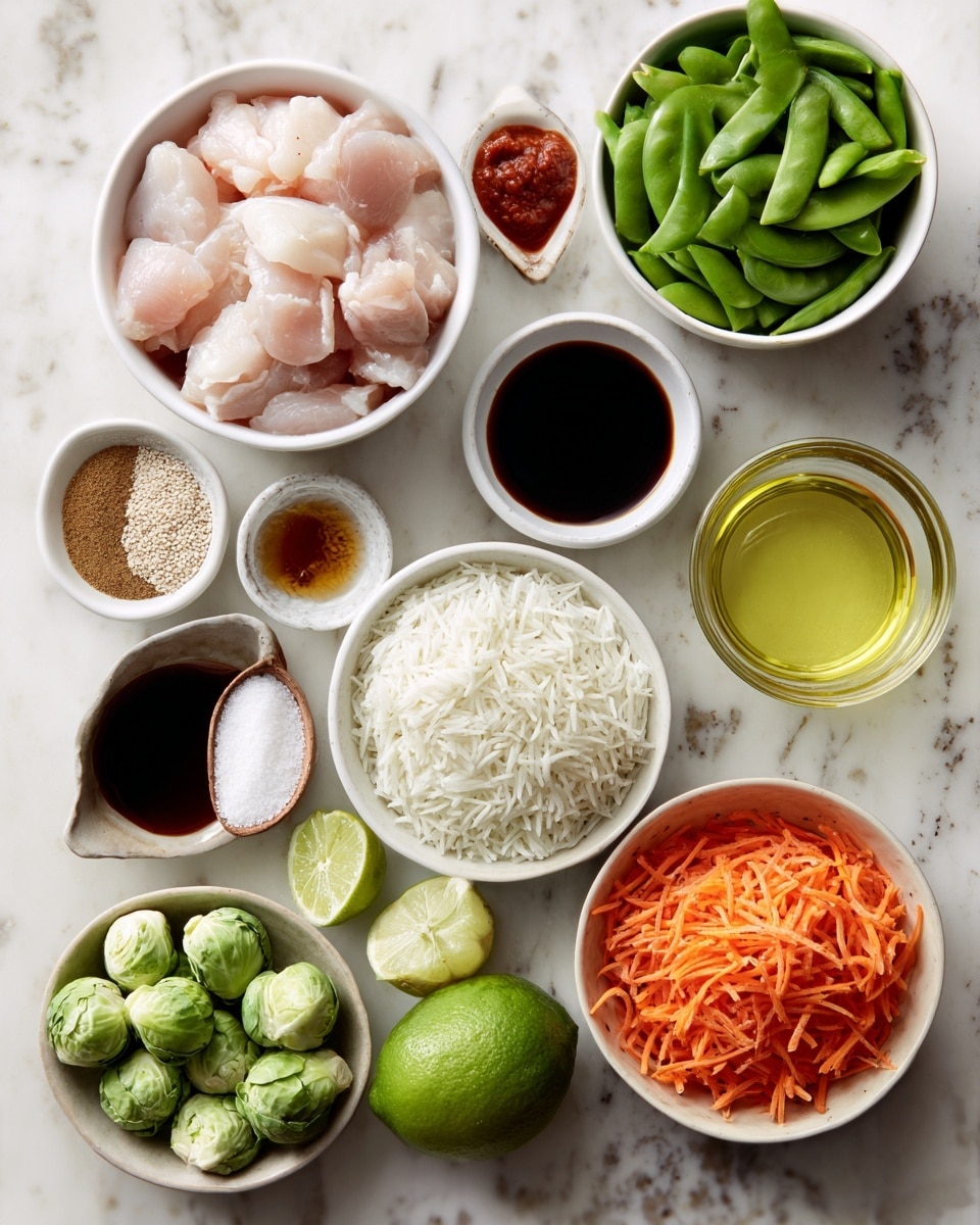 The image shows two white bowls and five round white containers arranged on a white marbled surface with ingredients labeled around them. On the left side, a white bowl at the center contains raw chicken pieces. Surrounding it are small round containers holding honey, salt/pepper/garlic mix, tomato paste, and tamari (or soy sauce). A scoop of cornstarch and green onions are positioned near the bowl, while small bowls on top contain sesame oil and salt/ginger/sesame seeds. On the right side, a white bowl filled with green snow peas sits at the top. Below it, a lime is placed next to an avocado oil container. Nearby, a round white bowl holds jasmine rice, and to the right, shredded carrots fill another white bowl. At the bottom, a white bowl contains halved Brussels sprouts. The whole setup is neatly arranged on the white marbled surface. Photo taken with an iphone --ar 4:5 --v 7