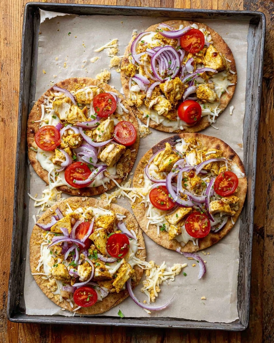 Four small round flatbreads lie on a baking tray with parchment paper on a wooden table. Each flatbread has three layers: the base is light brown and slightly crispy, the middle layer is white shredded cheese spread evenly, and the top layer includes irregular chunks of cooked golden yellow spiced chicken, bright red halved cherry tomatoes, and thin rings of purple-red onion scattered on the surface. Some cheese shreds are also scattered on the tray around the flatbreads. Photo taken with an iphone --ar 4:5 --v 7