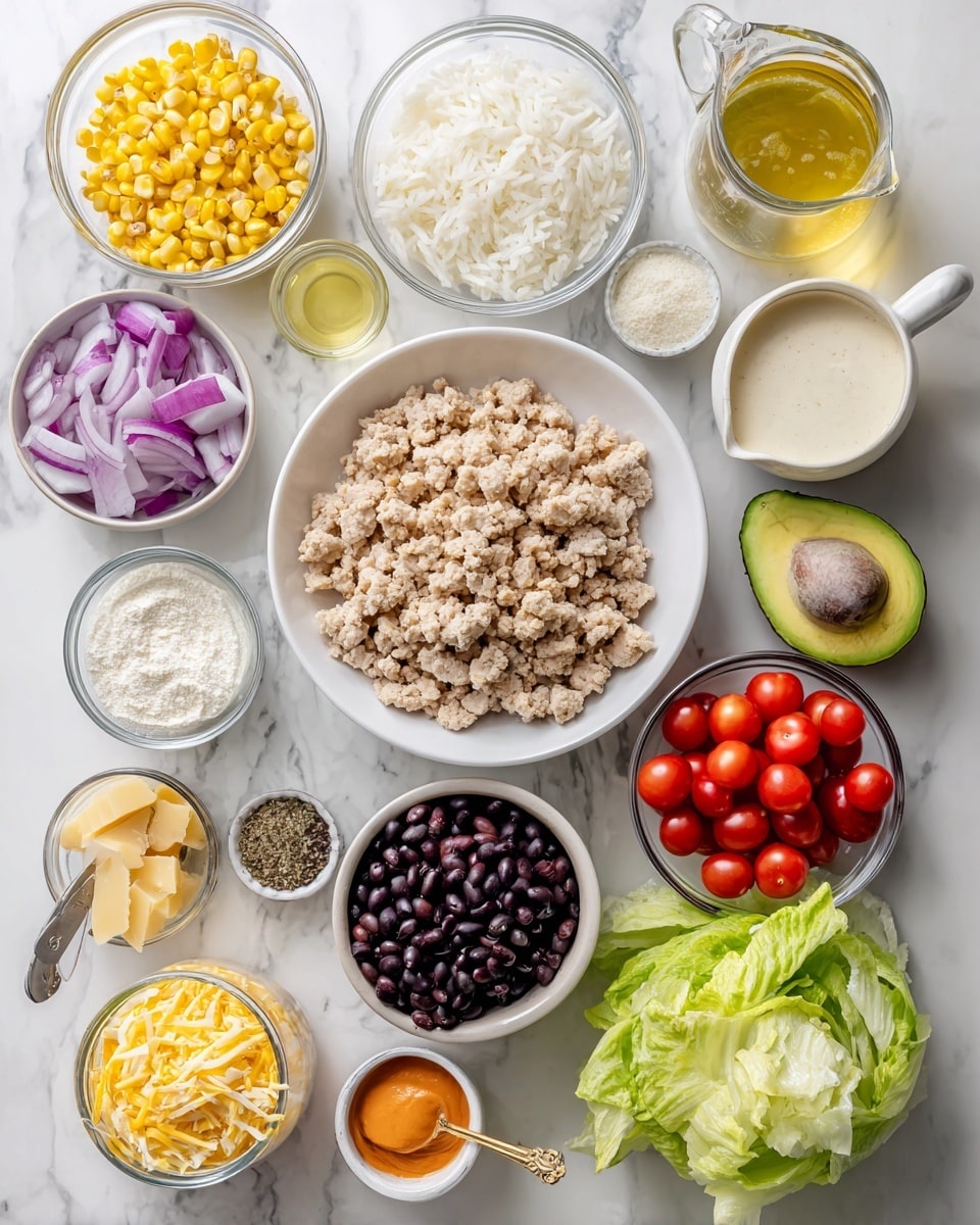 The image shows various cooking ingredients neatly arranged on a white marbled surface. In the center, there is a medium white bowl filled with light beige ground turkey. Just above it, a clear glass bowl holds white cooked rice with a fluffy texture. To the left of the turkey, a white measuring cup contains yellow corn kernels, and above it, a clear glass bowl has chopped purple red onion with crisp edges. A small gold spoon with black pepper sits nearby. Slightly above toward the right, there is a white bowl with bright red cherry tomatoes, and next to it is a whole dark green avocado. A small clear glass bowl contains black beans with a shiny texture. On the top right, a tall glass holds creamy buffalo ranch dressing. On the top left, a small white bowl shows yellow olive oil, and next to it another small white bowl has white garlic powder and salt. Near the middle top, a small clear glass bowl holds ranch seasoning mix. Towards the bottom left, a package of sharp cheddar cheese lies flat with its blue and red wrapper visible. To the bottom right, a bag of green earthbound farm organic lettuce is partially opened showing light green leaves inside. Near the corn is a small plastic cup with orange buffalo sauce. The arrangement of ingredients is clean and well spaced for easy identification photo taken with an iphone --ar 4:5 --v 7