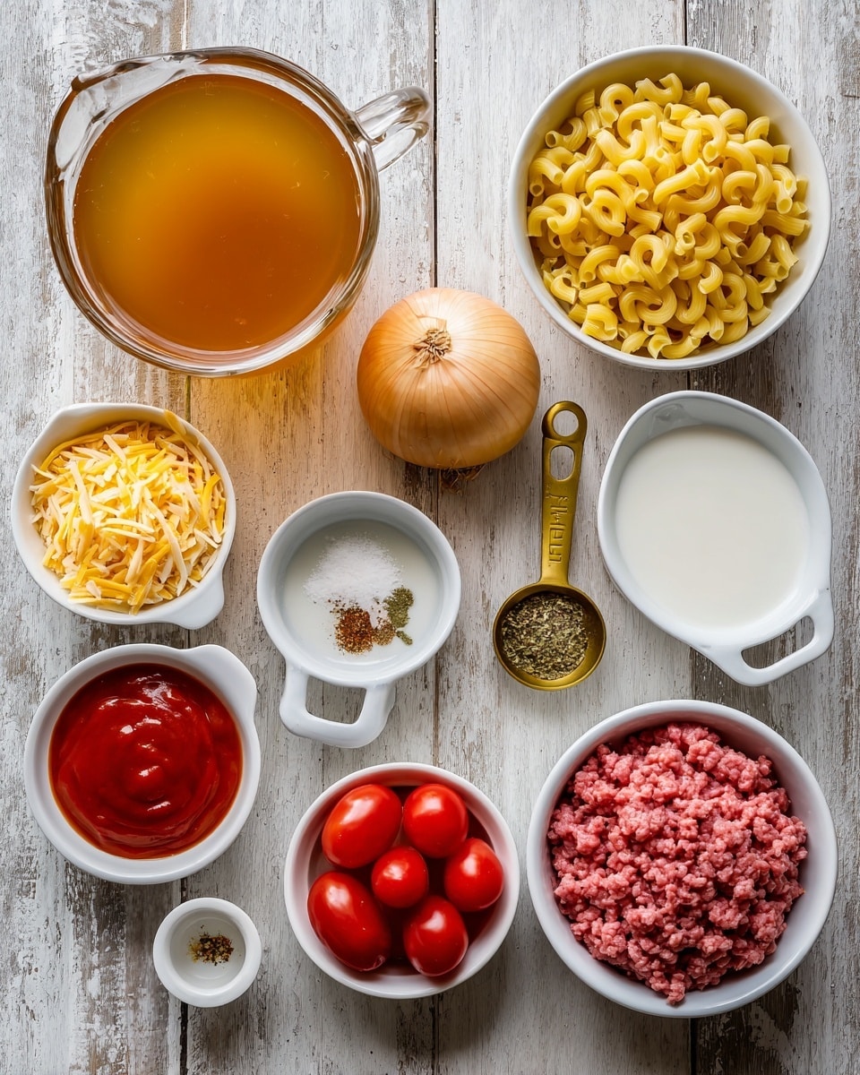 The image shows ten ingredients arranged neatly on a wooden surface with a white marbled texture. In the center is a clear glass jug filled with amber-colored chicken broth. Around it are small white bowls and measuring cups holding different ingredients: a white bowl of shredded yellow cheddar cheese below the broth, a white bowl of yellow elbow pasta to the right of the cheese, a white bowl of red cherry tomatoes above the pasta, a gold measuring cup of minced garlic near the top right, and a white cup filled with white milk near the top right corner. Near the top center is a whole yellow onion, and next to it is a small white bowl with spices in red, green, and white colors. On the left side, a gold measuring cup filled with red tomato sauce is below the spices. Finally, in the bottom left corner is a white bowl filled with raw lean ground beef, pink and chunky. photo taken with an iphone --ar 4:5 --v 7