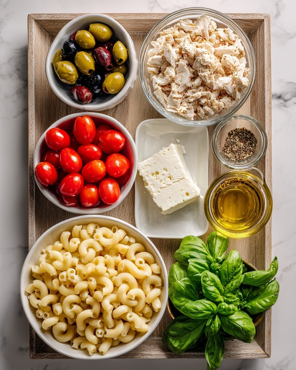 The image shows various ingredients arranged neatly on a white marbled surface inside a wooden tray. There is a small white bowl with black and green olives on the left, and next to it is a white bowl filled with bright red cherry tomatoes. Below the tomatoes, there is a rectangular container of feta cheese with a light blue label. To the right of the cheese, a clear glass bowl contains shredded chicken pieces with a golden-brown seasoning. Above the chicken, a small glass bowl holds minced garlic, and next to it is a gold measuring cup filled with golden olive oil. Near the top center, a tiny white bowl has salt and black pepper. On the bottom left, there is a clear plastic bag of cavatappi pasta with red and green labeling. At the bottom right corner, fresh green basil leaves rest on the surface. The photo taken with an iphone --ar 4:5 --v 7