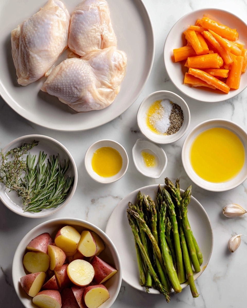 The image shows a white plate with two raw chicken pieces on the left side. Around the plate, there are several white bowls and small dishes arranged on a white marbled surface. At the top right, a bowl of bright orange carrot slices sits next to a smaller dish of salt and pepper mixture. Below that is a bowl filled with green asparagus spears, and near it is a small dish of dried rosemary. At the bottom center, a bowl contains red potatoes cut into pieces with the skin on. Surrounding these bowls are smaller dishes holding yellow melted butter, golden honey, minced garlic, and light yellow lemon juice. The scene is well-lit and neat, with each ingredient clearly visible. photo taken with an iphone --ar 4:5 --v 7