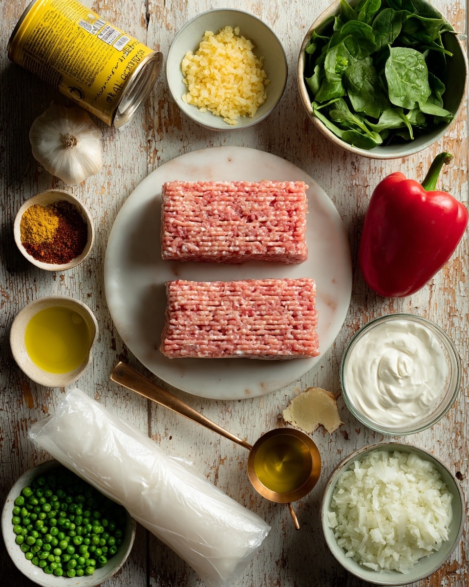 The image shows an arrangement of cooking ingredients on a rustic wooden table with a white marbled texture. At the center, there is a white plate with two rectangular layers of pink ground turkey, ribbed in texture. Above it, a small white bowl holds light yellow minced garlic. To the right top corner, a white bowl filled with fresh green spinach leaves rests next to a whole red bell pepper. Below the pepper, a gold measuring cup contains a clear yellow liquid of avocado oil. Near the bottom right, a gold measuring cup has creamy white Greek yogurt, sitting near a white bowl full of finely diced white onions. In the middle bottom, another white bowl holds frozen green peas. Toward the left of the peas, a silver wrapped bundle of white phyllo dough lies horizontally. Above this are two small white dishes: one with a mix of yellow and brown spices and salt, and another small gold measuring spoon filled with rich red tomato paste. On the top left, a tilted yellow can of coconut milk and a small white bowl of minced garlic complete the spread. The photo taken with an iphone --ar 4:5 --v 7