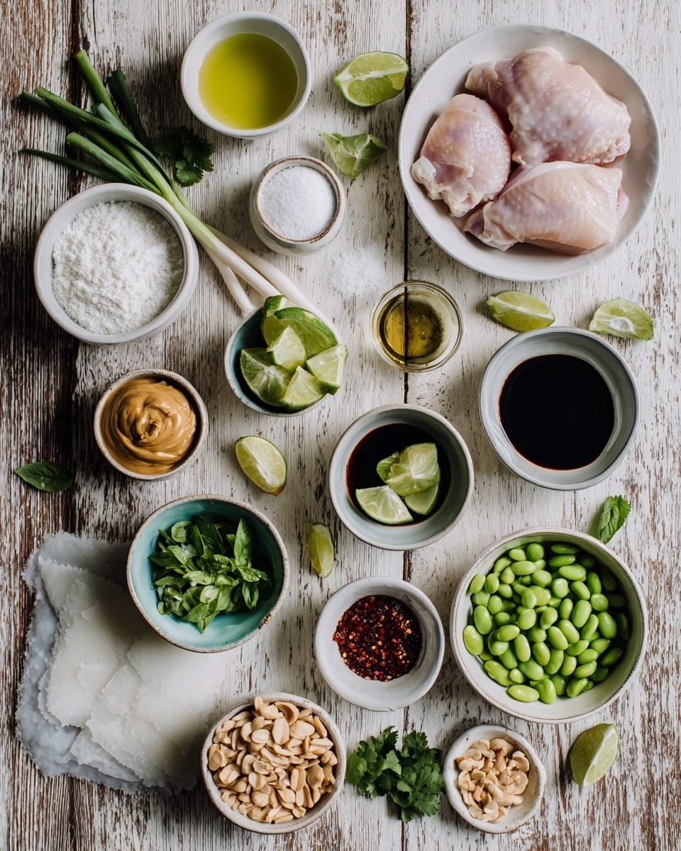 The image shows various cooking ingredients neatly arranged on a wooden surface with a white marbled texture added. In the center, there is a white bowl with raw chicken thighs, surrounded by several small white bowls and measuring cups holding different ingredients. From top to bottom and left to right, there is a small bowl of avocado oil, a cup of lime juice, a small bowl with white cornstarch, a whole lime, a measuring cup with peanut butter, a small cup with dark tamari sauce, a few green onions, a bowl of green edamame, a small bowl of red garlic chili sauce, and white rice paper sheets in the middle. Fresh herbs like cilantro and basil lie on the surface near a small cup of sea salt and a small cup of unsalted peanuts. The arrangement is clean, with each ingredient clearly visible and labeled by their natural colors and textures. Photo taken with an iphone --ar 4:5 --v 7