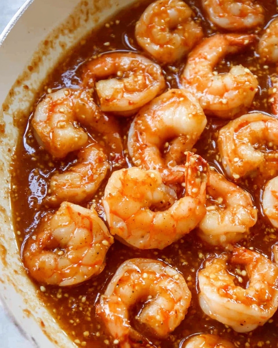 A close-up view of cooked shrimp in a shiny, thick brown sauce with visible small bits of garlic and pepper. The shrimp are light pink with orange lines and slightly curled, scattered evenly in the sauce. The dish is in a white pan with some sauce smeared on the edge. The background is a white marbled texture. photo taken with an iphone --ar 4:5 --v 7
