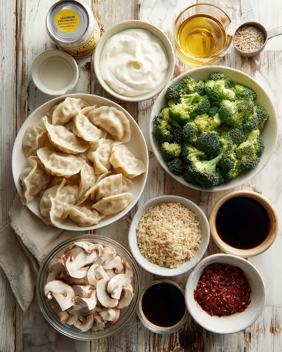 A rustic wooden table is arranged with various cooking ingredients centered around a white bowl filled with pale, crescent-shaped chicken dumplings that have soft, folded edges. Above the bowl, there is a small dish filled with smooth, white Greek yogurt, and a metal measuring cup with a golden liquid labeled rice vinegar. To the right, a white bowl holds bright green broccoli florets with a mix of light and dark green shades. Below that is a clear glass bowl containing sliced baby Bella mushrooms with a creamy color and dark gills. Next to it, a green package of brown rice is placed. Near the center bottom, a small cup holds dark soy sauce, looking glossy. To the left, small bowls contain rich red curry paste, pale yellow sesame oil, and amber maple syrup with thick texture. A can of coconut milk with yellow branding stands at the top left. The setup is on a white marbled surface for contrast, photo taken with an iphone --ar 4:5 --v 7