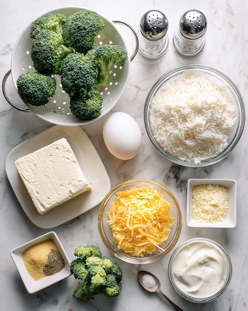 The image shows an arrangement of ingredients on a white marbled surface, each clearly labeled. In the top left, a white colander holds several bright green broccoli florets with a fresh texture. Next to it on the right are two clear glass shakers filled with salt and pepper. Below the broccoli, a single white egg rests on the surface. To the right, a white bowl is full of fluffy, cooked white rice. In the center, a small white bowl contains a thick white block of cream cheese, and nearby is a clear bowl filled with bright orange shredded cheese with a soft texture. Below that is a smaller clear bowl with grainy, pale yellow parmesan. A small glass container holds smooth white sour cream toward the bottom right. To the left, two small square dishes hold dry yellow mustard powder and finely ground garlic powder, each with a small spoon. A few extra broccoli pieces are placed casually in the lower section, completing the clean and organized layout photo taken with an iphone --ar 4:5 --v 7