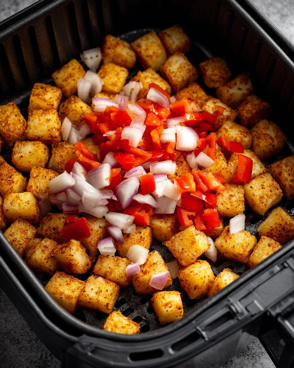 Inside a black air fryer basket, there is one layer of golden-brown potato cubes that look crispy and cooked. On top of this layer, there is a smaller pile of chopped fresh vegetables made of red bell pepper pieces and white onion chunks, creating a mix of bright red and white colors over the warm potatoes. The textured basket and the colors of the food create a lively contrast. The photo taken with an iphone --ar 4:5 --v 7