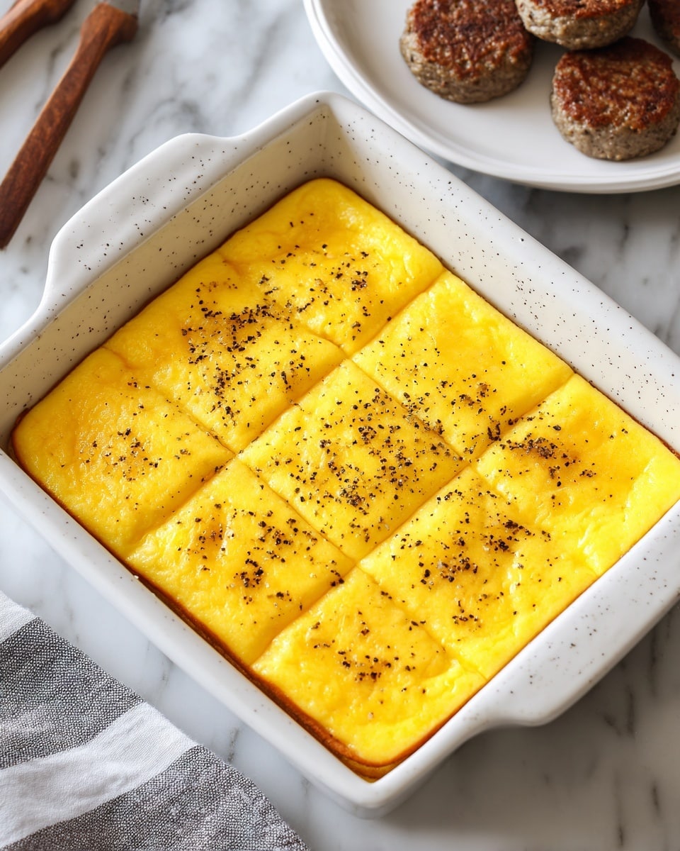 A white speckled rectangular baking dish holds a smooth, baked egg layer with a bright yellow top sprinkled evenly with black pepper. The surface looks firm and slightly glossy with faint square cut marks dividing it into six portions. The edges are lightly browned, showing a cooked texture. The dish is placed on a white marbled surface with part of a white plate holding browned round sausage patties visible at the top left corner, next to a gray and white striped cloth. photo taken with an iphone --ar 4:5 --v 7