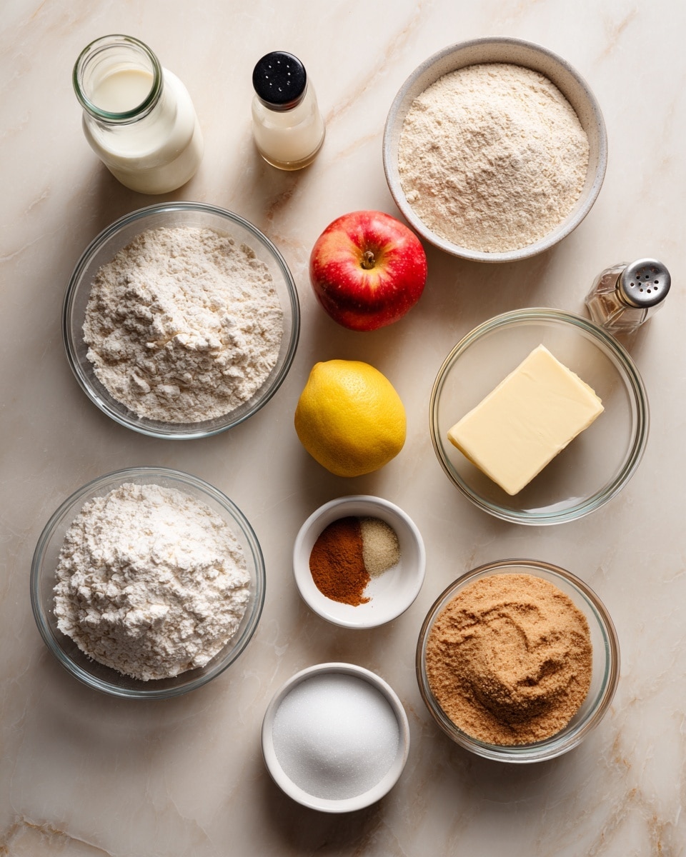 A baking tray with various ingredients neatly arranged on a white marbled texture. There is a clear glass bowl of white flour in the bottom left corner, and another clear glass bowl with whole wheat flour in the top right. Two bright red apples sit near the center, beside a whole yellow lemon. A small white bowl contains a brown spice labeled apple pie spice near the lemon. To the right of the apples, there is a stick of pale yellow butter, and a tiny glass bowl with white baking soda. Near the bottom right corner, there is a clear bowl filled with light brown sugar. At the top left, a glass bottle of milk and a single white egg are placed beside a small black bottle of vanilla. In the middle top area, there is a clear bowl filled with white sugar and a small salt shaker nearby. Each ingredient is clearly labeled in black text above or next to them. Photo taken with an iphone --ar 4:5 --v 7