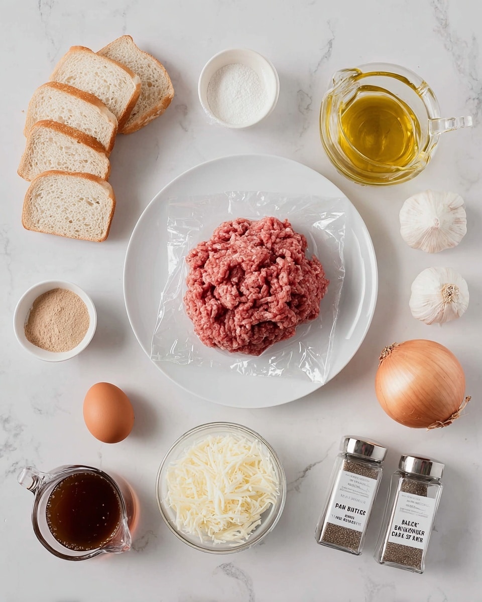 A plain white plate at the center holds a mound of raw ground beef on top of a clear plastic wrap. Around the plate, ingredients are spread on a white marbled surface: sliced white bread pieces on the top left, a single brown egg in a clear glass bowl below the bread, a glass measuring cup filled with dark brown liquid at the bottom left, a small white bowl with light brown powder above the measuring cup, a small glass bowl with white powder next to it, a clear bowl filled with shredded white cheese to the right of the powder, a round yellow onion, a garlic bulb, and a glass bottle of golden oil arranged from right center to upper right, and two glass shakers labeled
