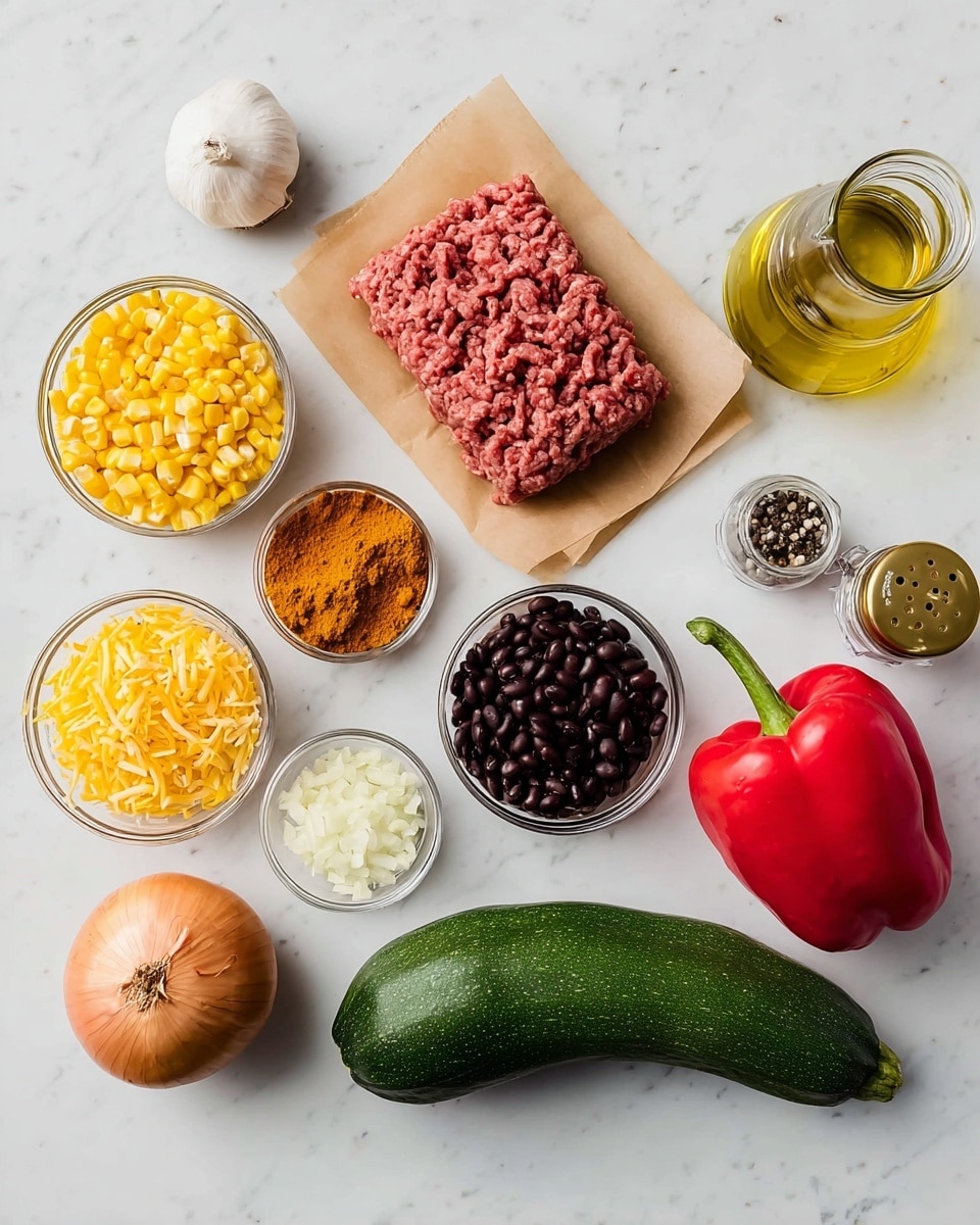 A white marbled surface displays raw ingredients neatly arranged for a meal: in the center is a rectangular block of raw ground meat on a piece of brown paper. Around it, there are small clear bowls with bright yellow corn kernels, shredded yellow and white cheese blend, black beans, and a red tomato mixture. A small glass bowl holds a mound of orange spice powder. Whole vegetables include a green zucchini, a round yellow onion, a bulb of garlic, and a shiny red bell pepper. Two glass jars with gold lids hold black pepper and salt, and a glass bottle of golden olive oil is also present. The setup is clean and organized, showing a variety of colors and textures on the white marbled background photo taken with an iphone --ar 4:5 --v 7