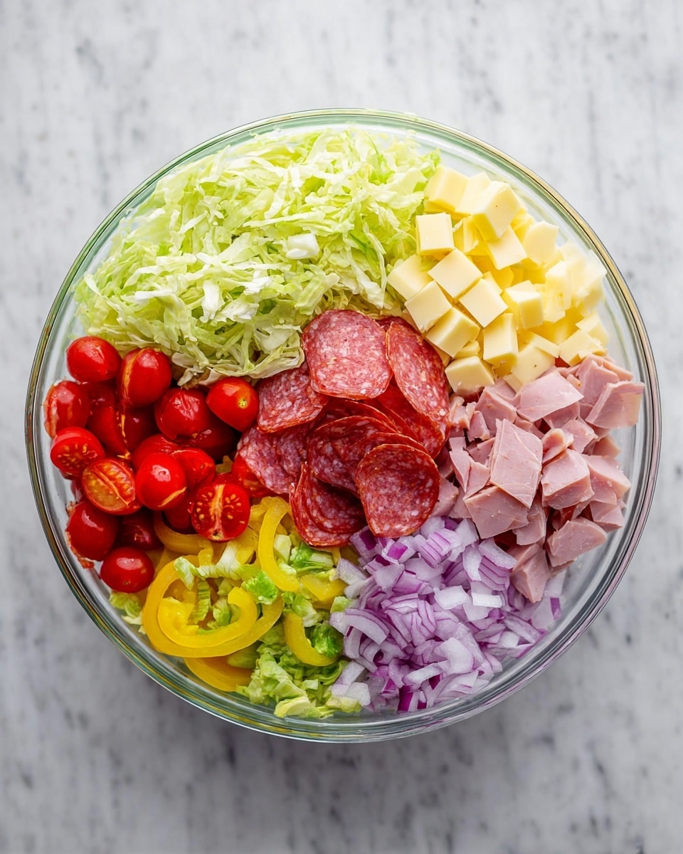 A clear glass bowl holds six different layers arranged side by side in sections. Starting from the top left and moving clockwise, there is light green shredded lettuce with a soft, leafy texture; next to it are small cubes of pale yellow cheese with a smooth surface. Beside the cheese is a pile of thin, folded slices of reddish-pink salami with specks of seasoning. Below the salami are finely chopped light purple onions, each piece having a crisp, moist texture. Next, there are thin, wrinkled slices of pale pink deli ham, loosely packed. At the bottom left, a section of halved bright red cherry tomatoes, juicy and shiny, and finally, more shredded green vegetables like Brussels sprouts and yellow pepper rings. The bowl rests on a white marbled surface. photo taken with an iphone --ar 4:5 --v 7