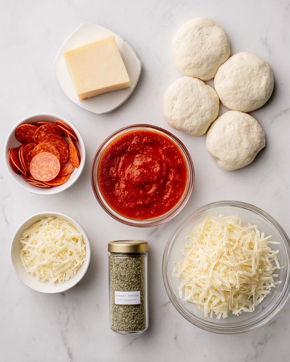The image shows ingredients for mini pizzas arranged on a white marbled surface. At the top center are nine small, round dough pieces in an off-white color with a slightly rough texture. To the right of the dough, there is a clear glass bowl filled with bright red tomato sauce that has a smooth, slightly chunky texture. Below the sauce is a clear glass bowl filled with finely shredded pale yellow cheese. In the bottom left corner, there is another clear glass bowl containing small, thin slices of red pepperoni. Above the pepperoni is a small white bowl holding finely grated pale yellow Parmesan cheese, and next to it on the left is a block of harder yellow cheese. In the center of the image, there is a small clear glass jar with a gold lid filled with green Italian seasoning. Photo taken with an iphone --ar 4:5 --v 7