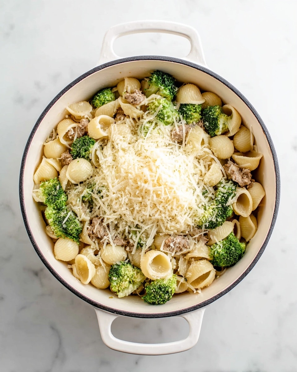 A white pot filled with three main layers: at the bottom, small round pasta shells in light yellow color mixed with small pieces of cooked brown meat; scattered bright green broccoli florets are mixed throughout the pasta; the top layer is a thick pile of finely grated pale yellow cheese covering the center of the dish. The pot handles are visible on both sides, and the background is a clean white marbled surface. Photo taken with an iphone --ar 4:5 --v 7