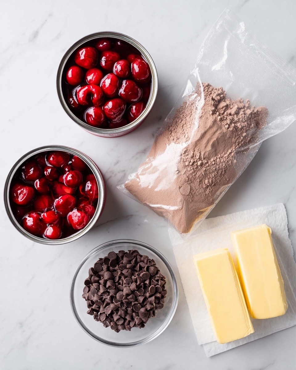 The image shows five baking ingredients placed on a white marbled surface. In the top left corner, there is an open can filled with whole red cherries in syrup, with a second can of similar cherries directly below it. At the top center, there is a clear plastic bag filled with light brown cocoa powder, crinkled and flattened. To the right of the cocoa powder, a small clear glass bowl holds many small, dark brown chocolate chips. At the bottom right, two yellow sticks of butter rest on white wax paper. The arrangement is simple and neatly spaced. photo taken with an iphone --ar 4:5 --v 7