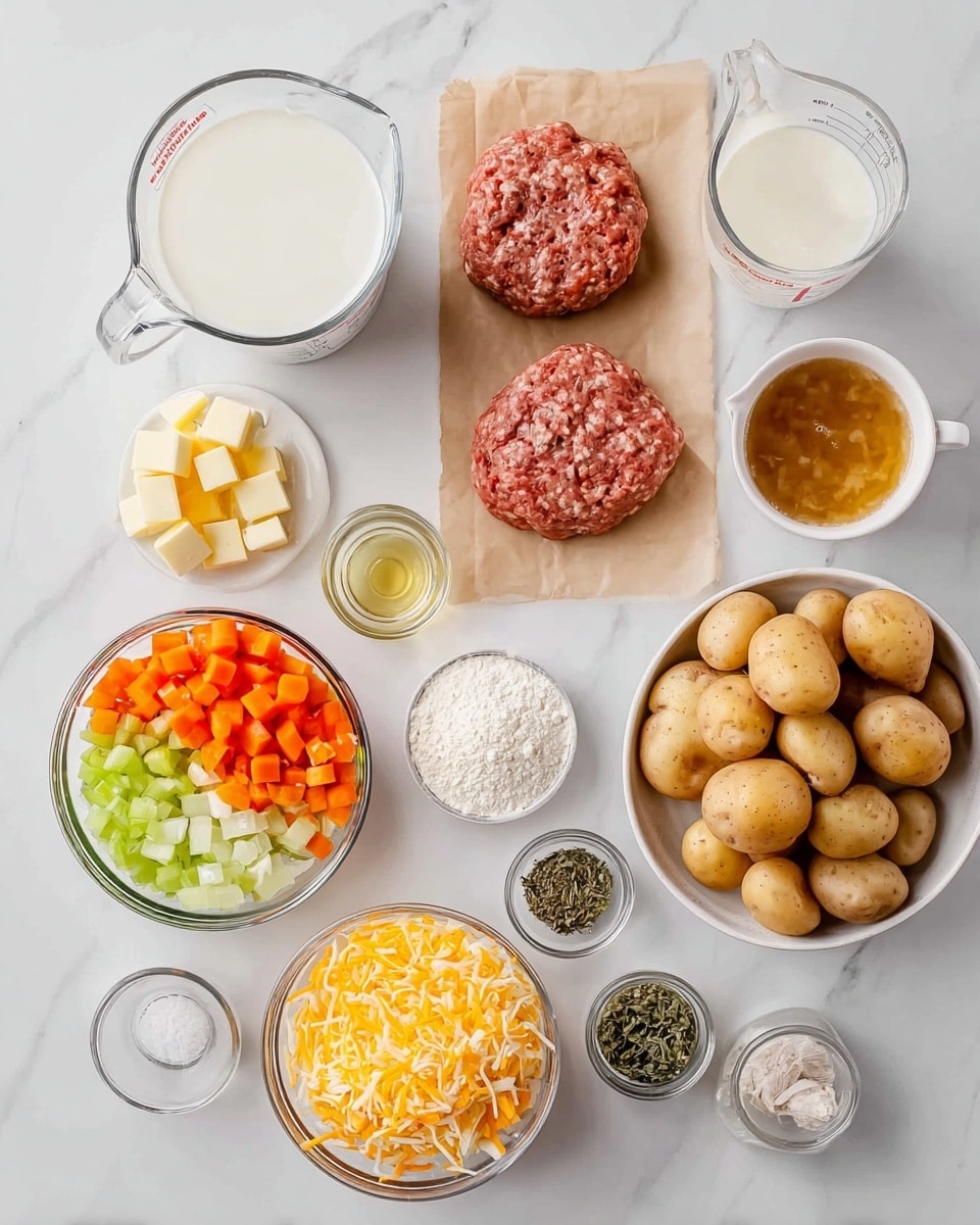 A top-down view shows ingredients neatly arranged on a white marbled surface. In the center, two raw ground meat patties sit on a small piece of brown paper. To the right, there is a white bowl full of small light brown potatoes. Above this bowl are two clear measuring cups, one with white milk and the other with a brown liquid broth. To the left, a clear bowl has finely chopped carrots, celery, and onions in bright orange, green, and white colors. Below the meat, a small clear bowl holds white flour while another beside it contains yellow cubes of butter. Nearby, shredded cheddar cheese forms a pile in another clear bowl. Small glass jars with black pepper, salt, minced garlic, and dried herbs are also spread around. The arrangement is clean and colorful with natural lighting. Photo taken with an iphone --ar 4:5 --v 7