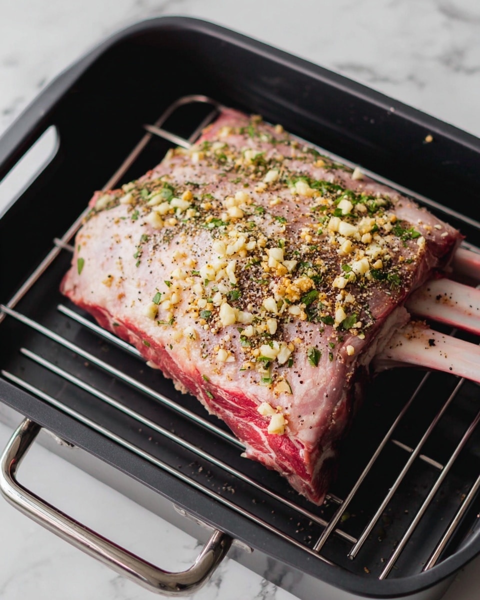 The image shows a raw rib roast placed in a black roasting pan with a metal rack inside. The roast is light pink with visible red bones extending from one side. It is covered with a layer of minced garlic and finely chopped green herbs, along with a sprinkle of black pepper spread evenly across the top. The roasting pan sits on a white marbled surface, and the lighting highlights the textures of the meat and seasoning. Photo taken with an iphone --ar 4:5 --v 7