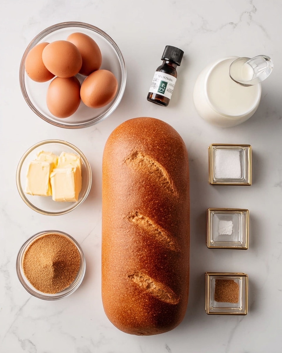 The image shows a fresh, oval loaf of brown bread with three diagonal cuts on top, placed centrally on a white marbled surface. Surrounding the bread are small glass bowls and containers: four brown eggs in a clear glass bowl at the top left, a small glass bowl with two pats of butter below the eggs, and another small glass bowl with brown sugar beneath the butter. To the right of the bread, there is a clear glass jug of white milk near the top, and two small square glass jars with gold lids labeled