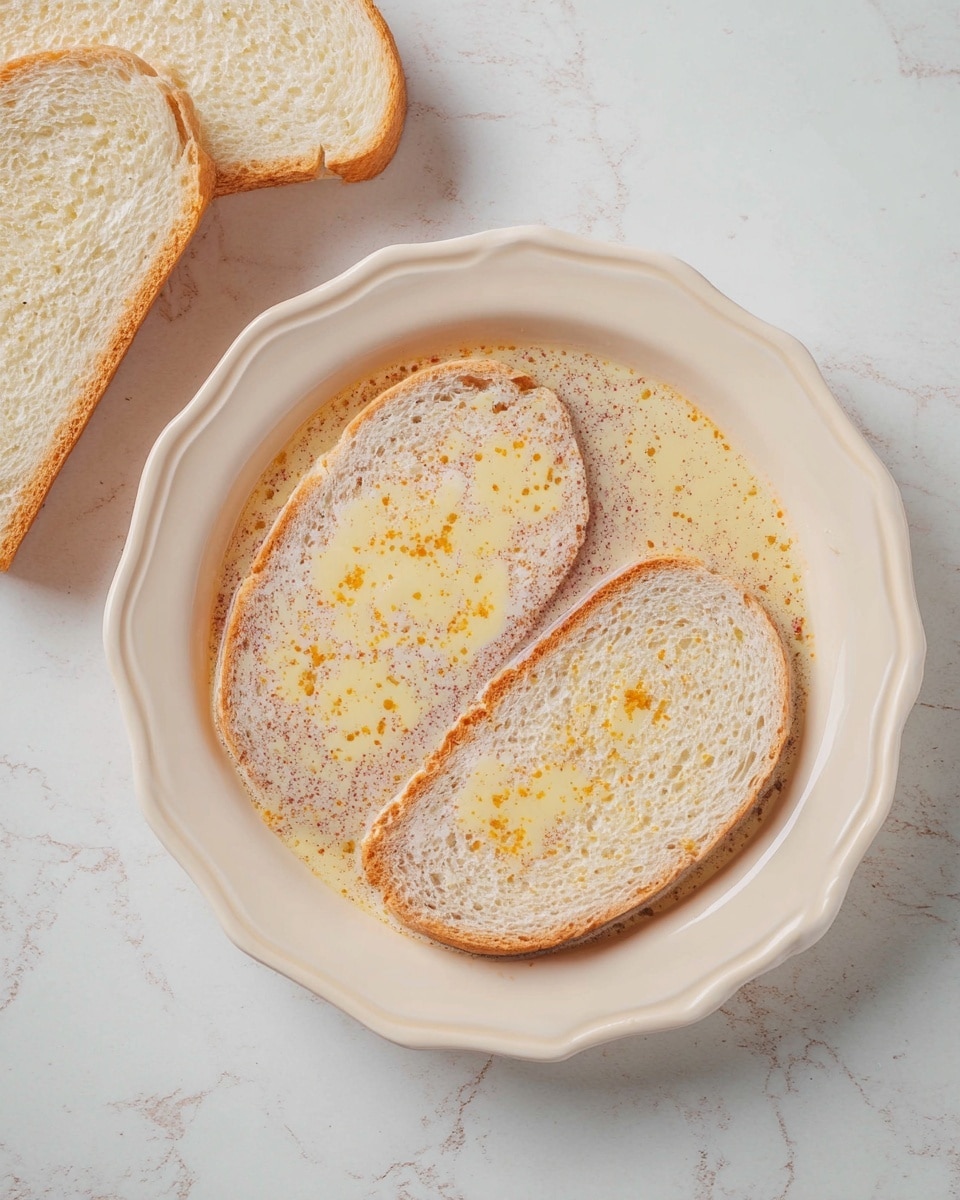Two slices of bread soak in a pale yellow mixture with small orange bits on a round white plate with a scalloped edge. The bread is fully covered with the liquid, showing a soft texture with bubbles on the surface of the mixture. To the left of the plate are two more slices of plain white bread resting on a white marbled surface. The whole scene has soft light and a clean, simple look. photo taken with an iphone --ar 4:5 --v 7