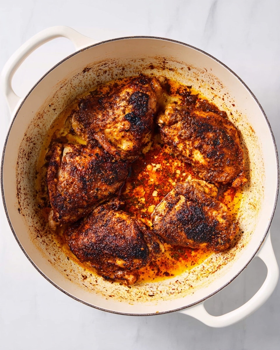 Four browned and spiced pieces of chicken sit in a white pot with two handles, each piece showing a rich, textured crust of dark browns and burnt orange from the spices and cooking oil. Around the chicken, there are patches of oily, orange-brown residue from the seasoning, resting on the white interior of the pot. The pot is placed on a white marbled surface, adding a clean and bright contrast to the intense colors of the cooked chicken. photo taken with an iphone --ar 4:5 --v 7